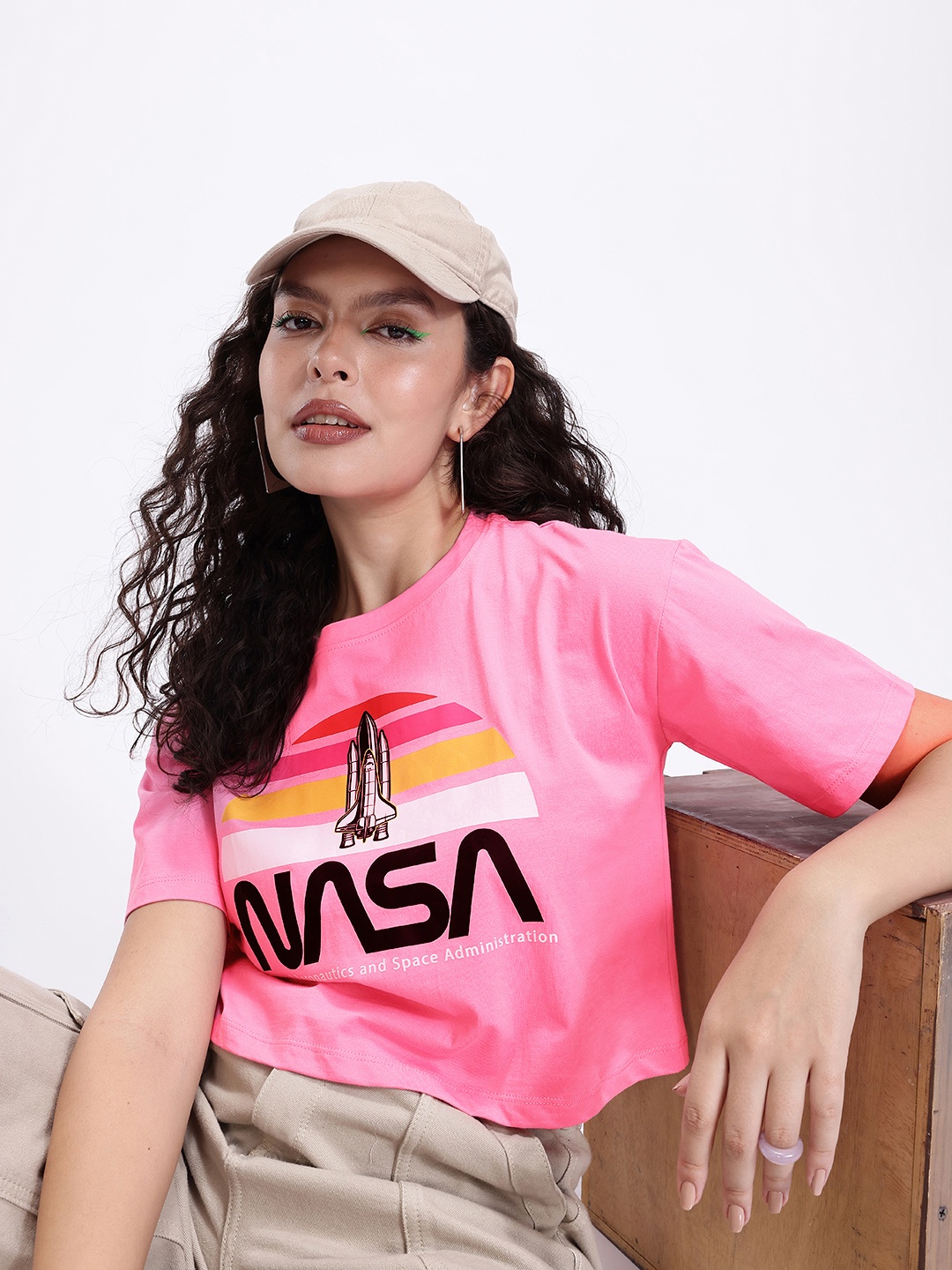 

Kook N Keech NASA Printed Drop-Shoulder Sleeves Boxy T-shirt, Pink