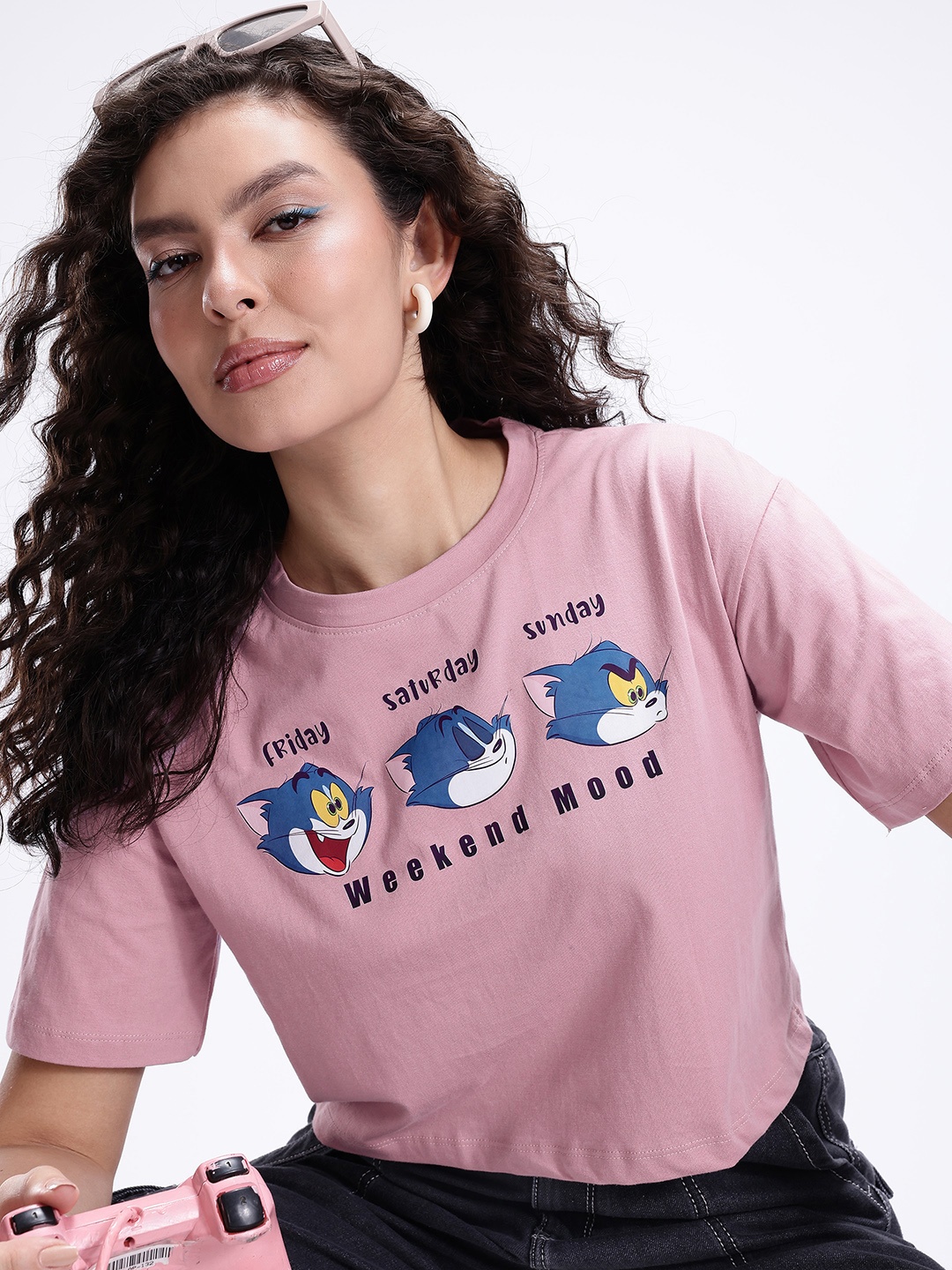 

Kook N Keech Tom & Jerry Printed Drop-Shoulder Sleeves Boxy T-shirt, Lavender