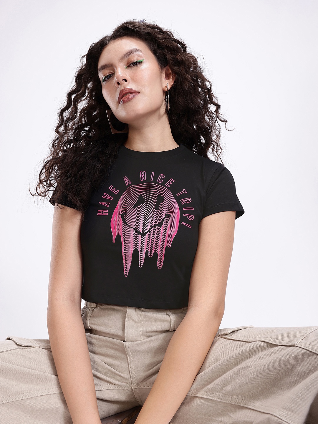

Kook N Keech Graphic Printed Pure Cotton Crop T-shirt, Black