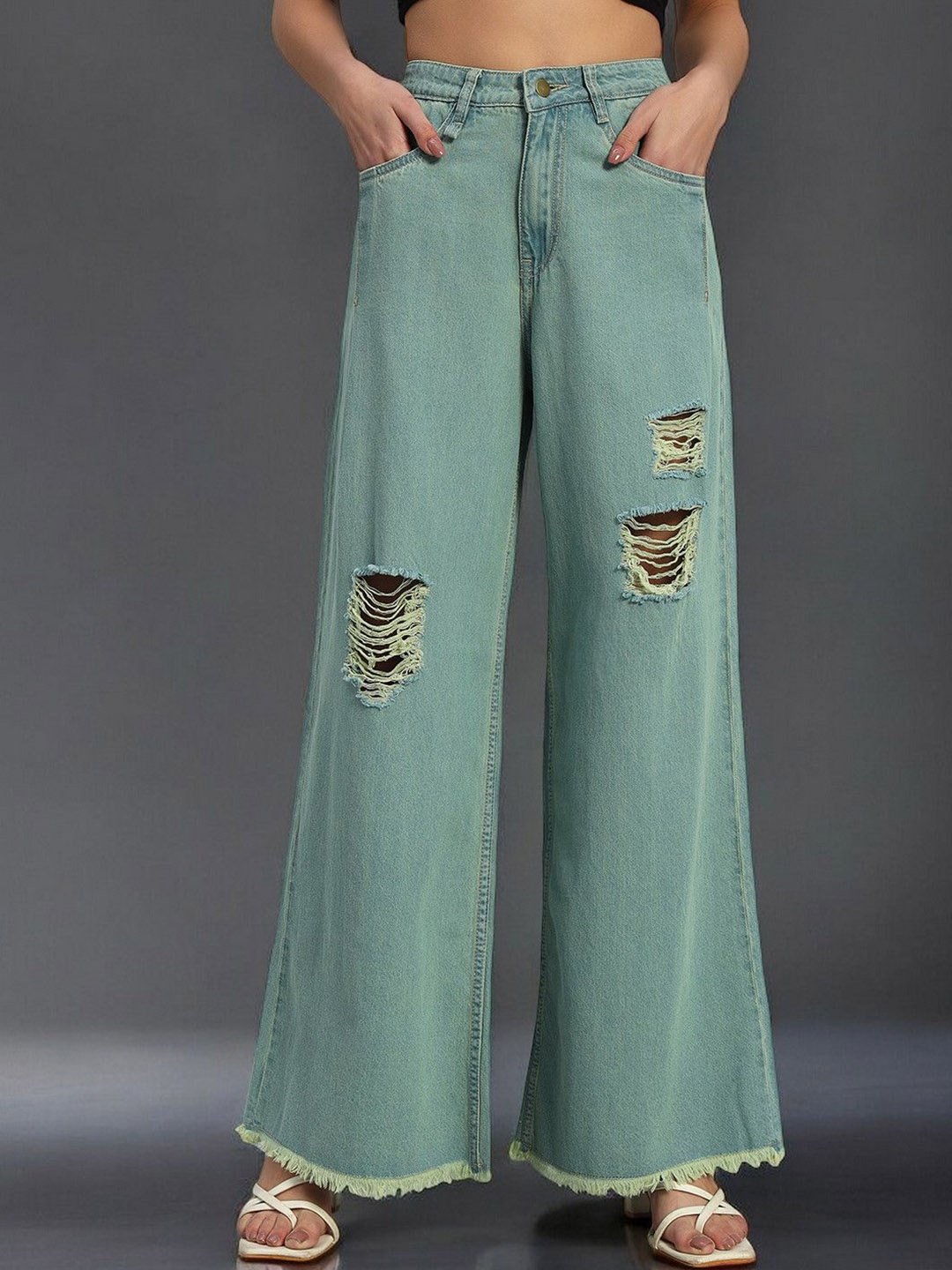 

The Roadster Lifestyle Co. Women Cotton High Rise Wide Leg No Faded Jeans, Sea green