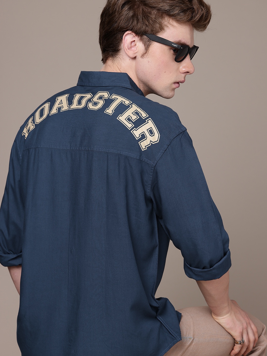 

The Roadster Life Co. Pure Cotton Brand Logo Printed Relaxed Fit Shirt, Navy blue
