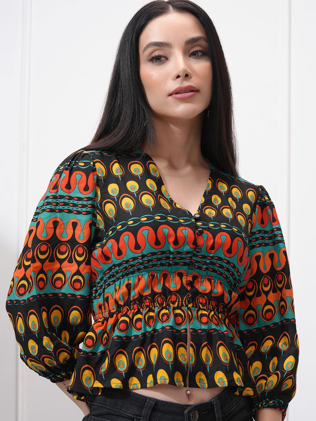 

Tokyo Talkies Women Printed Fit and Flare Top, Black