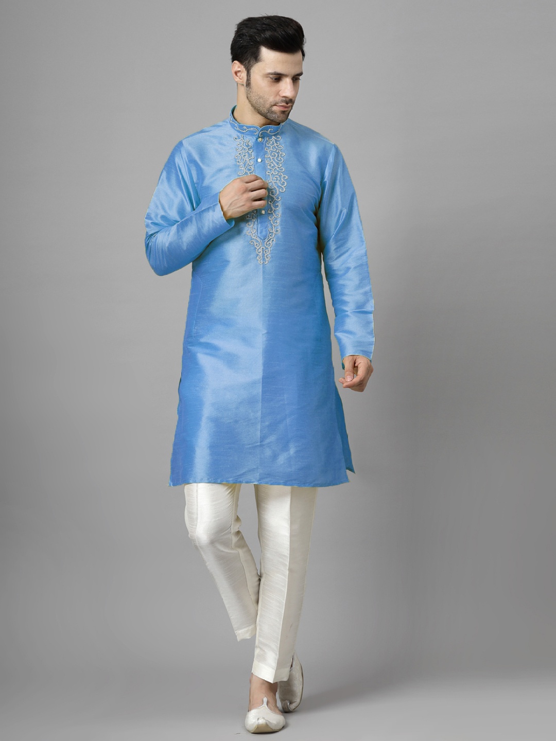 

Utsav Fashion Mandarin Collar Beads & Stones Straight Kurta With Trousers, Blue