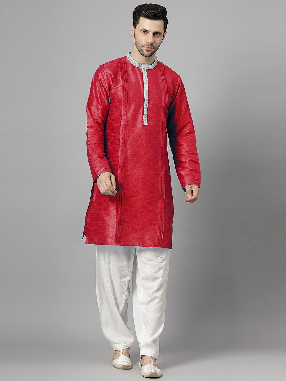 

Utsav Fashion Embellished Yoke Design Band Collar Pleated Straight Kurta With Pyjamas, Red