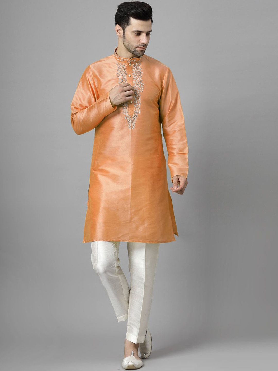 

Utsav Fashion Mandarin Collar Beads & Stones Straight Kurta With Trousers, Orange