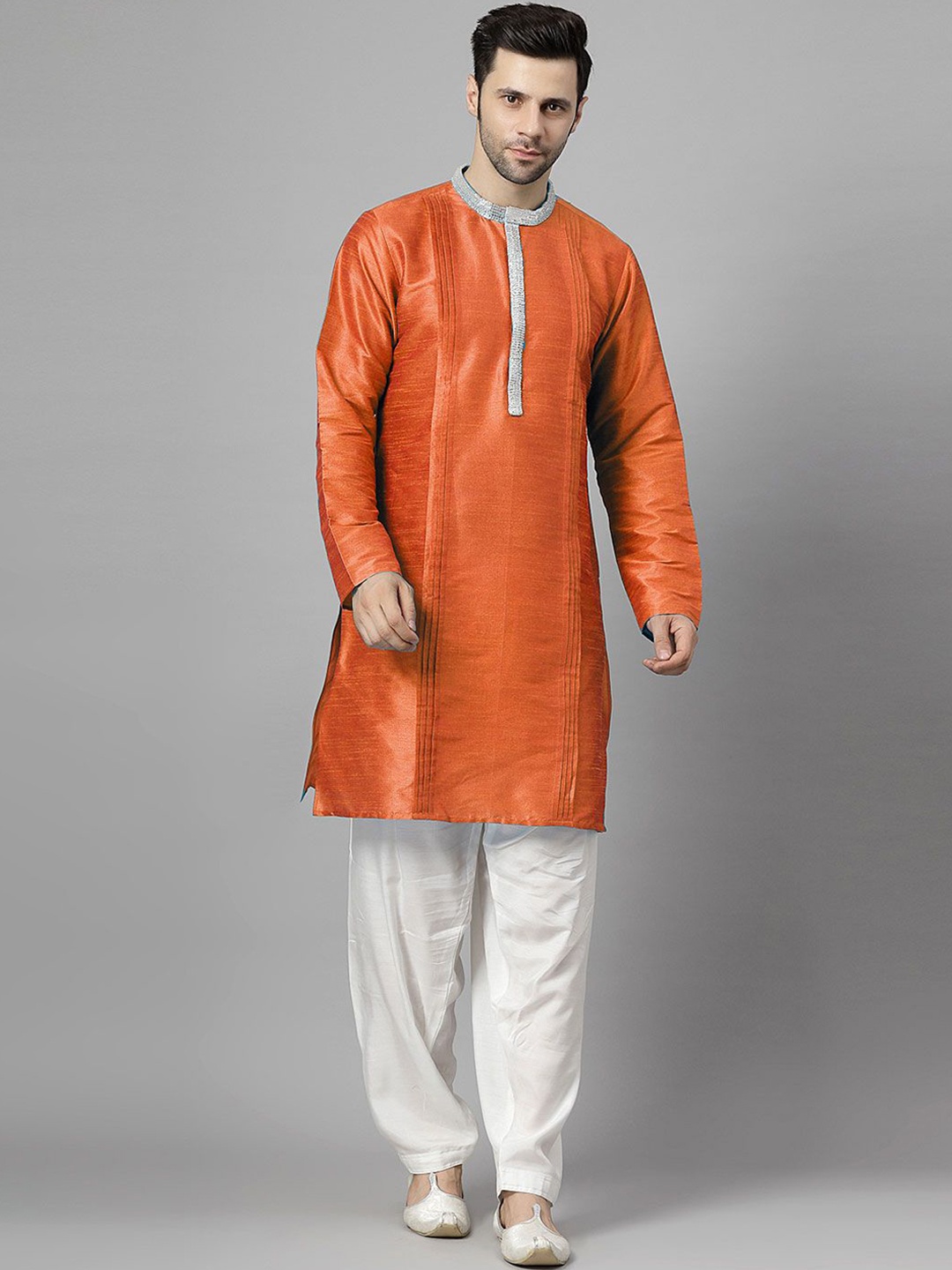 

Utsav Fashion Mandarin Collar Pleated Straight Kurta With Pyjamas, Rust