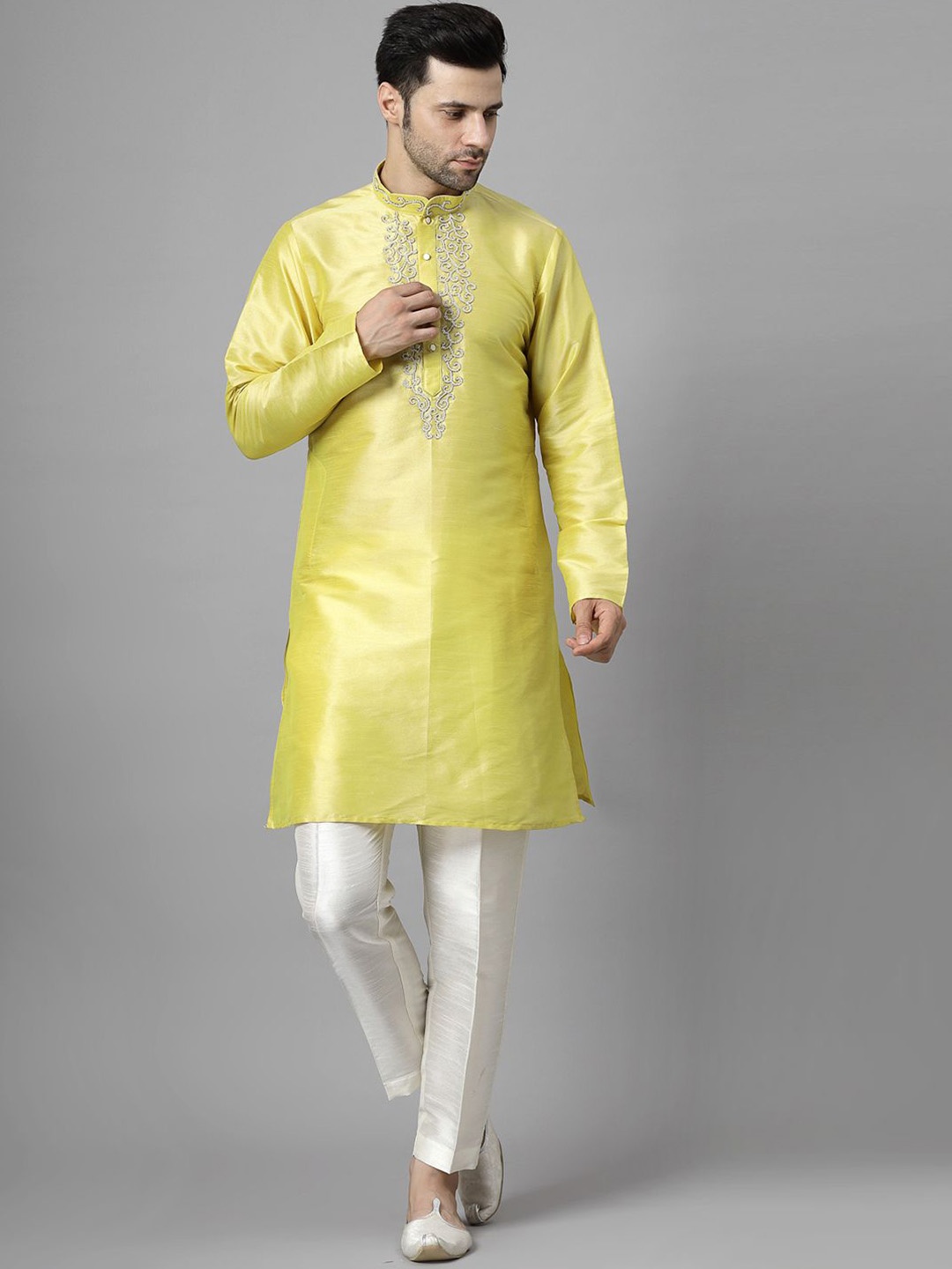 

Utsav Fashion Mandarin Collar Beads And Stones Straight Kurta With Trousers, Yellow