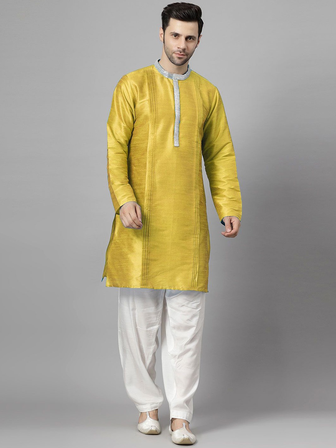 

Utsav Fashion Embellished Yoke Design Band Collar Pleated Straight Kurta With Pyjamas, Yellow