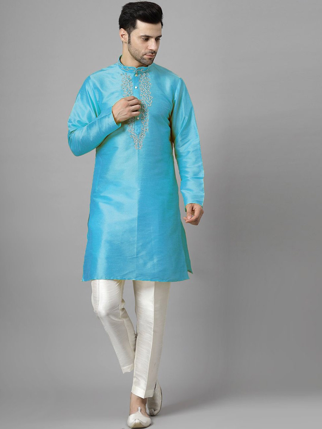 

Utsav Fashion Mandarin Collar Beads & Stones Straight Kurta With Trousers, Turquoise blue