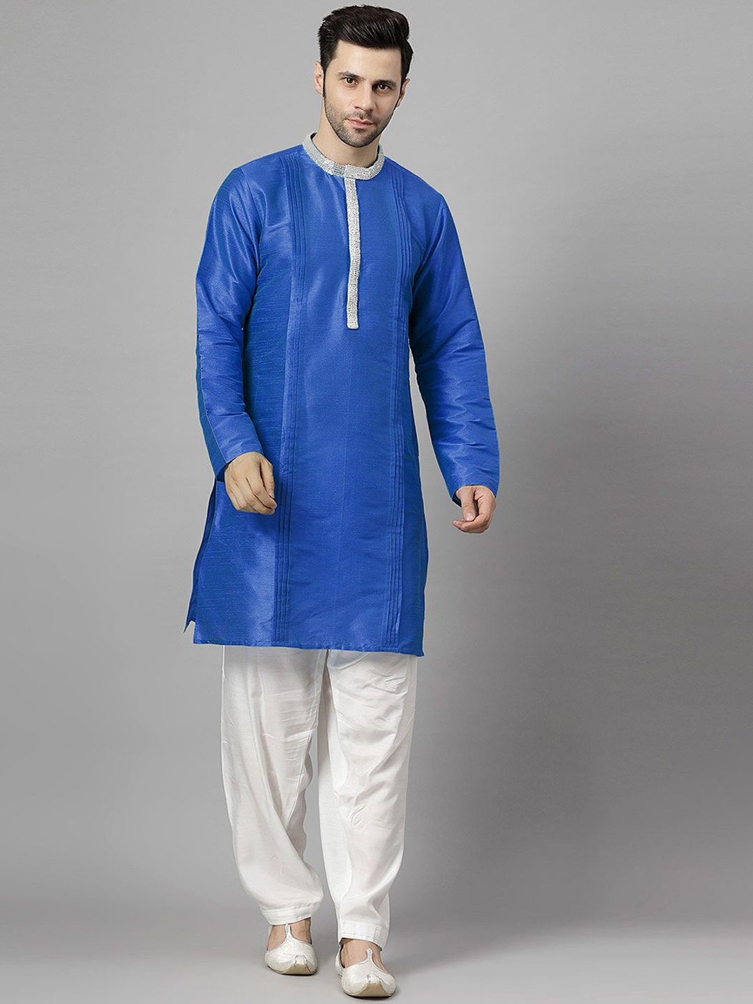 

Utsav Fashion Mandarin Collar Pleated Straight Kurta With Pyjamas, Blue