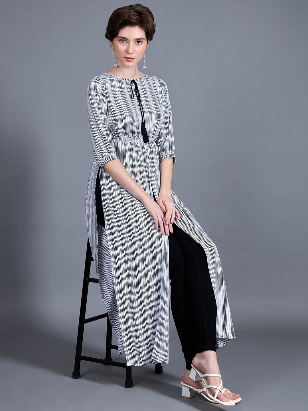 

Miss Chase Women Striped Tassel Tie-Up Detailing Maxi Formal Top, White
