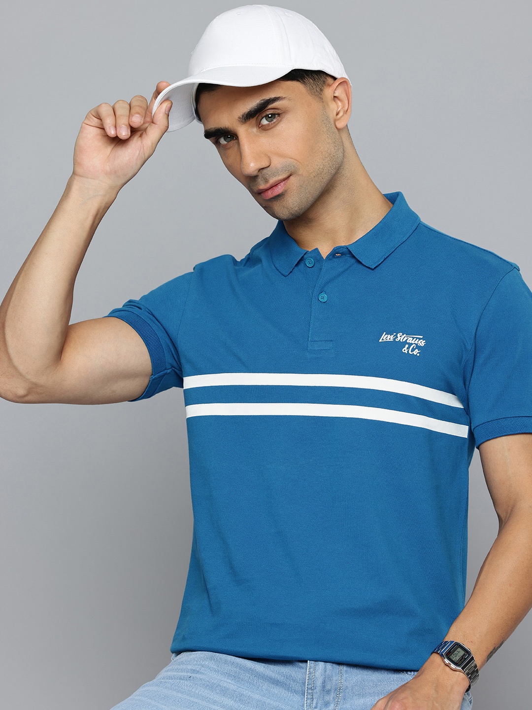 

Levis Striped Polo Collar Pure Cotton T-shirt, Blue