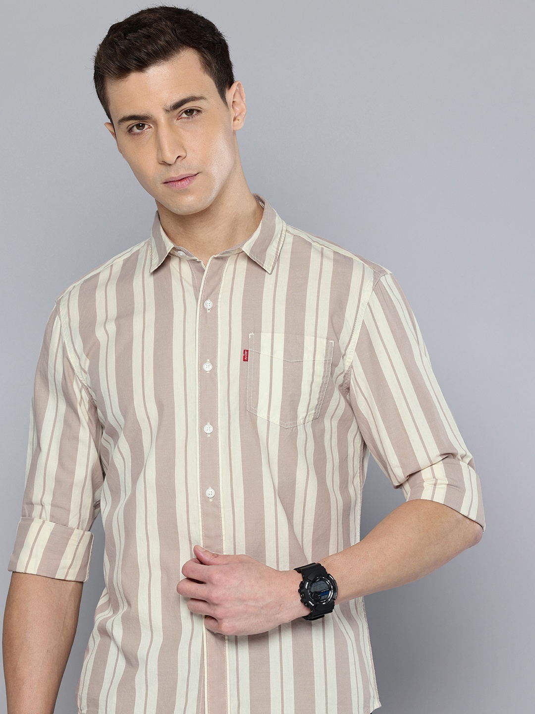 

Levis Slim Fit Striped Pure Cotton Casual Shirt, Taupe
