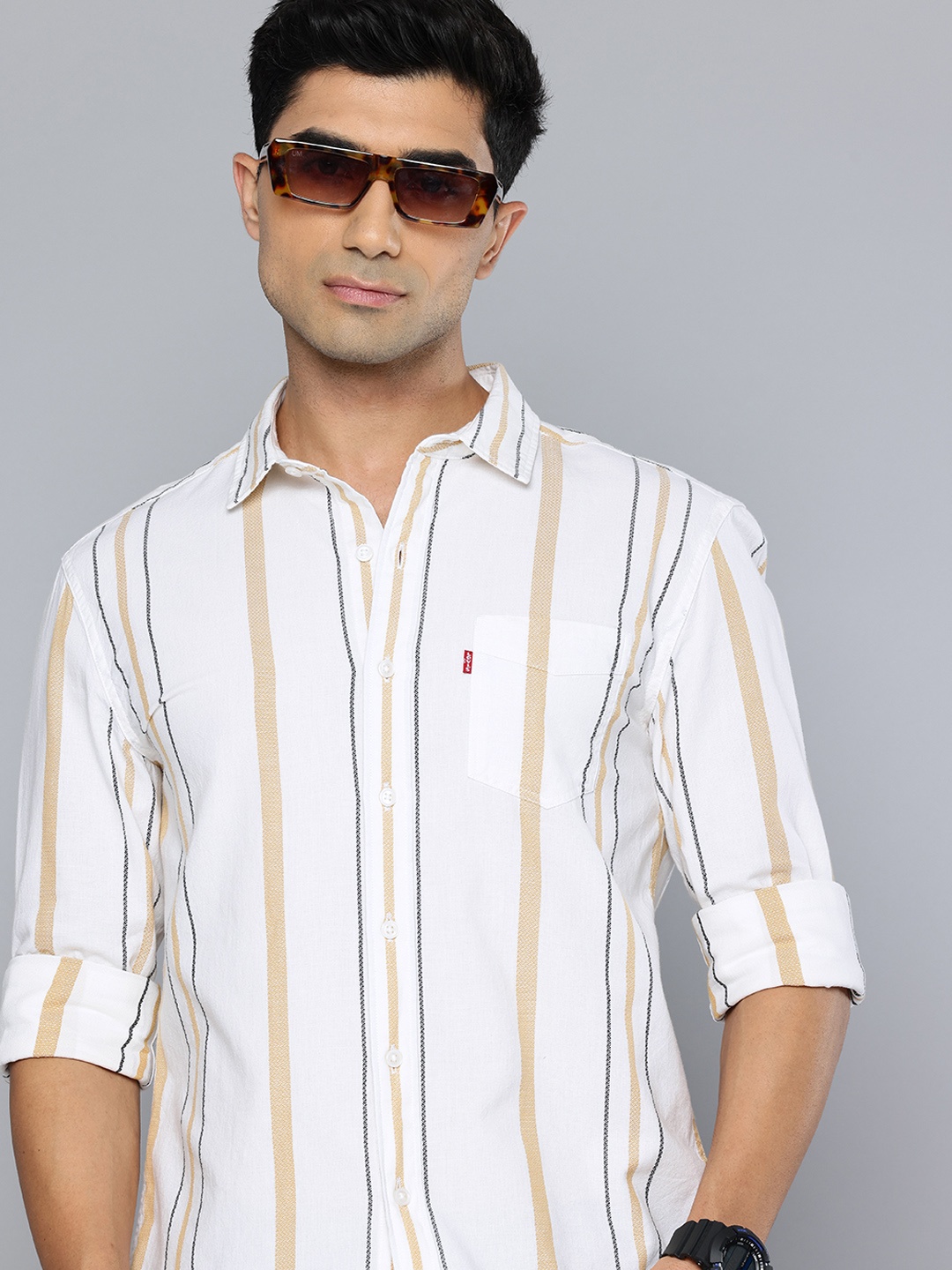 

Levis Slim Fit Self Striped Pure Cotton Casual Shirt, White
