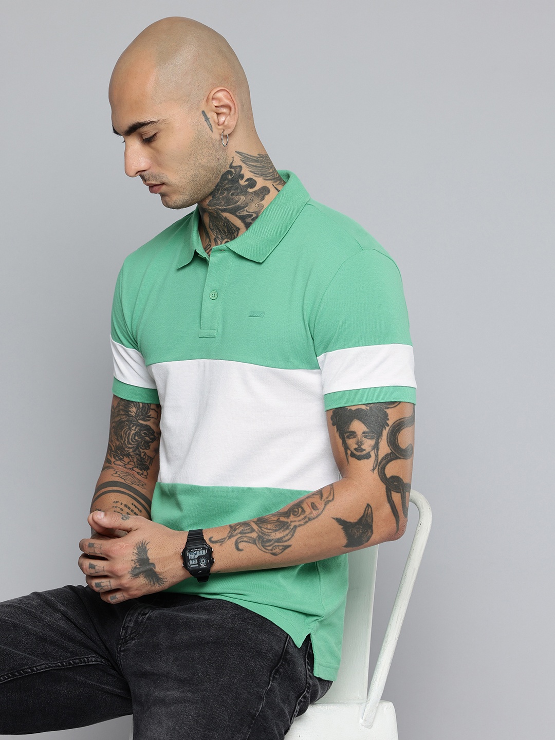 

Levis Pure Cotton Colourblocked Polo Collar T-shirt, Green