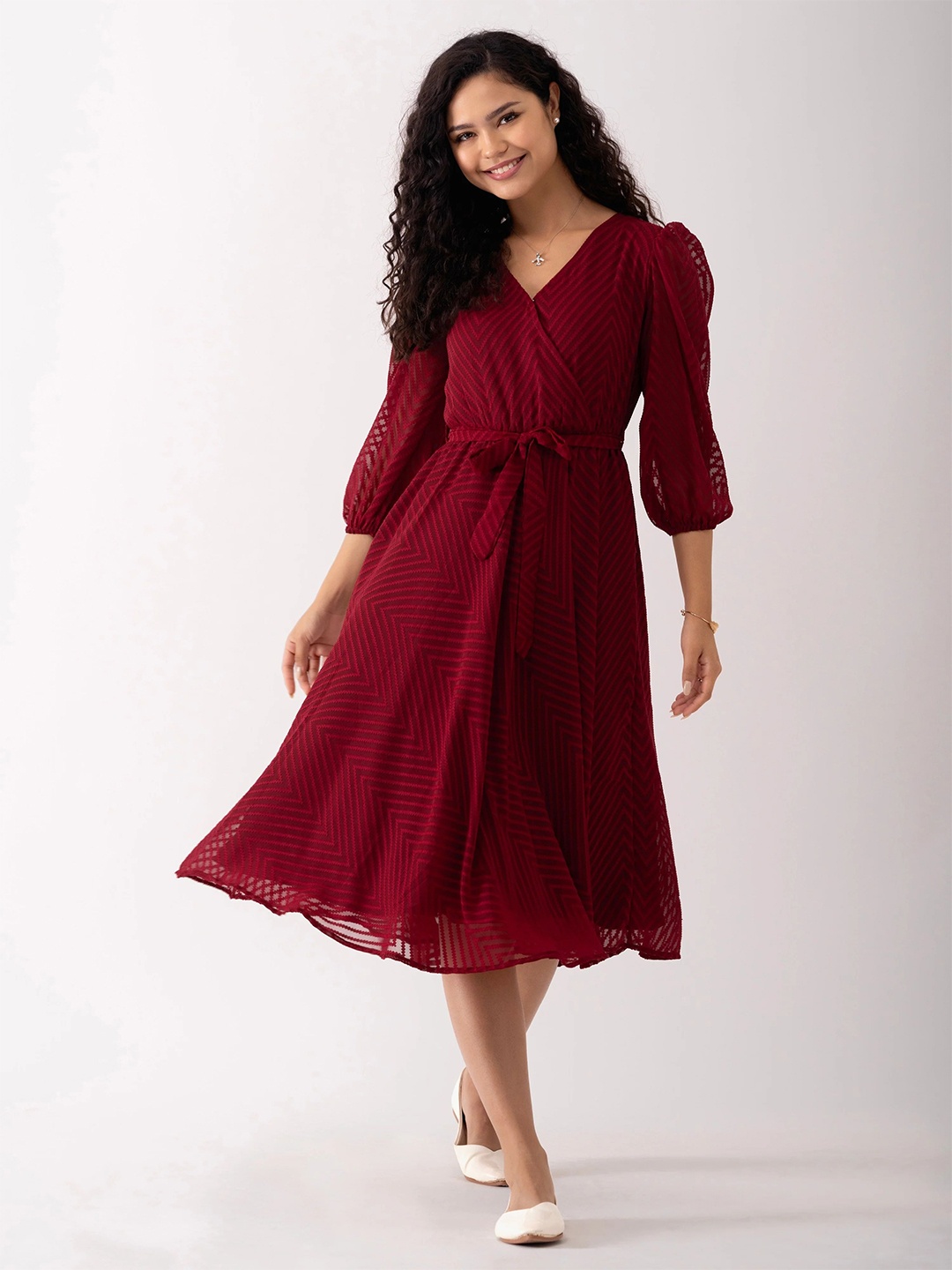 

Mesqlu Women Striped Georgette Midi Fit & Flare Dress, Maroon