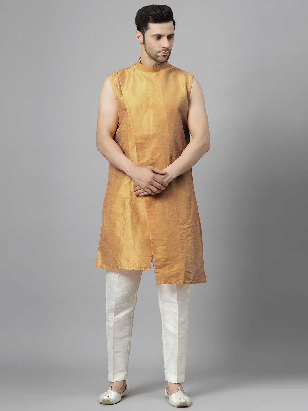 Utsav Fashion Mandarin Collar Sleeveless Straight Kurta With Trousers, Beige