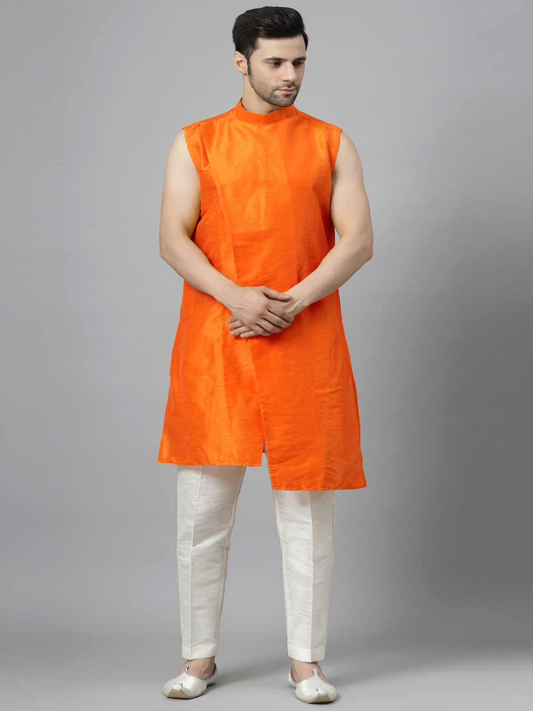 

Utsav Fashion Round Neck Sleeveless Angrakha A-Line Kurta With Trousers, Orange