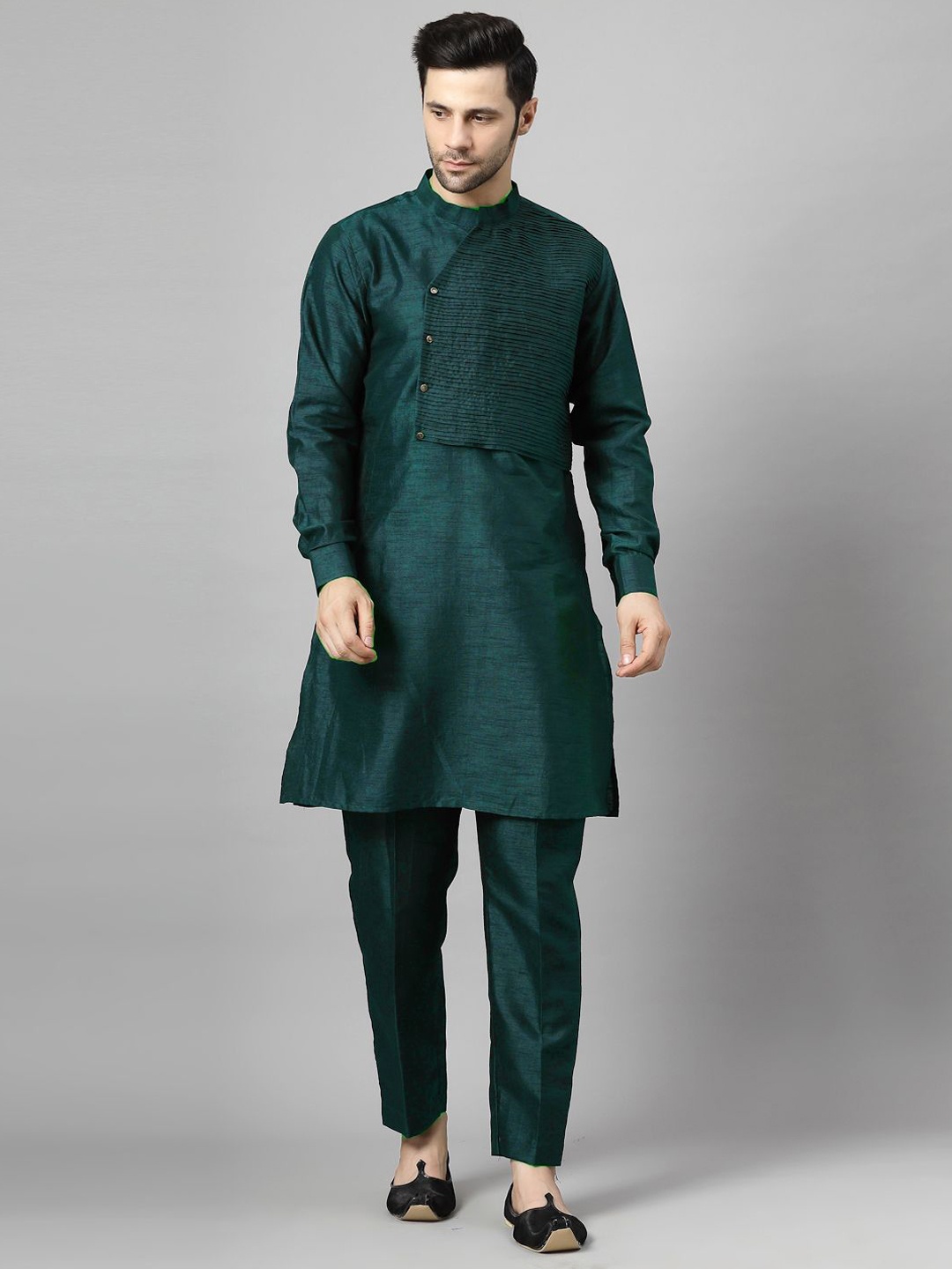 

Utsav Fashion Mandarin Collar Pleated Straight Kurta With Trousers, Teal