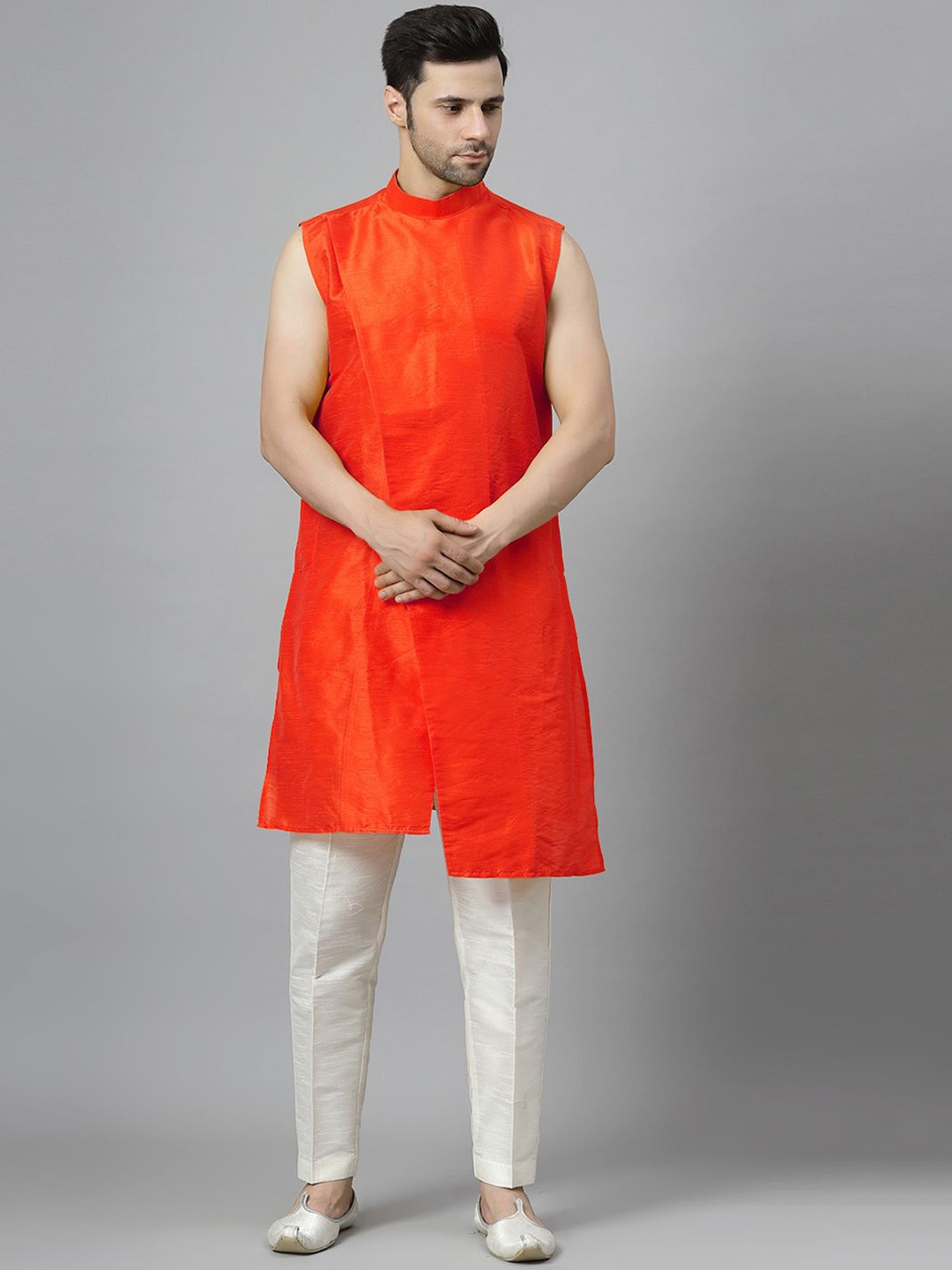 Utsav Fashion Round Neck Sleeveless Angrakha A-Line Kurta With Trousers, Red