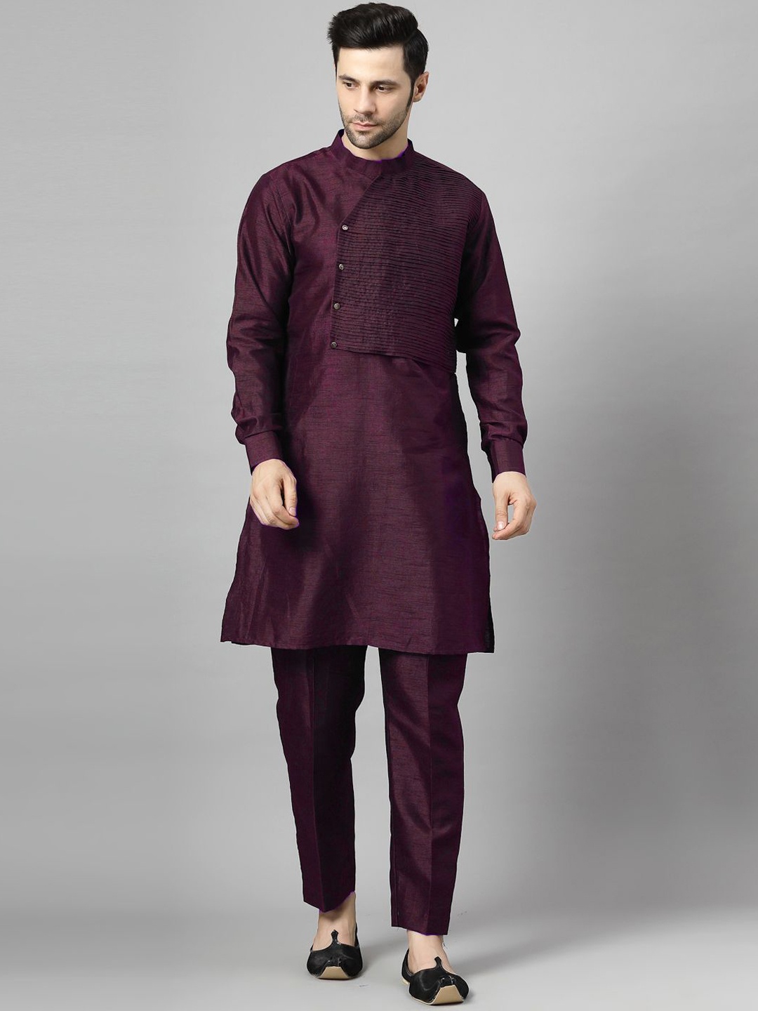 

Utsav Fashion Mandarin Collar Pleated Straight Kurta With Trousers, Burgundy