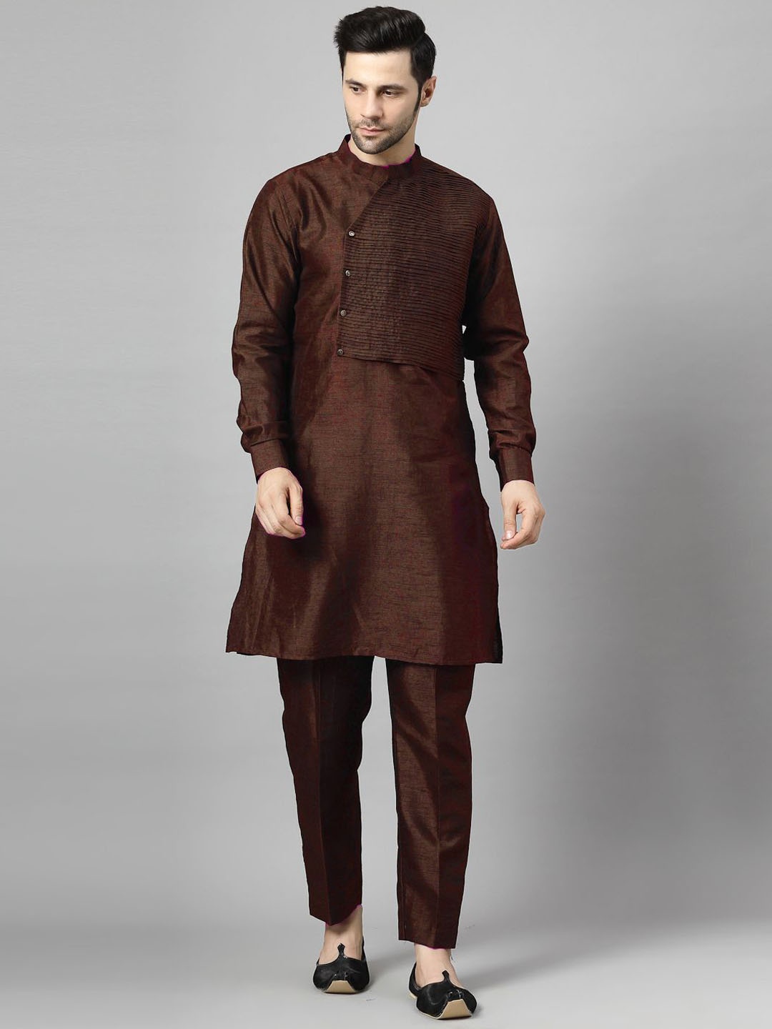 

Utsav Fashion Mandarin Collar Pleated Straight Kurta With Trousers, Coffee brown