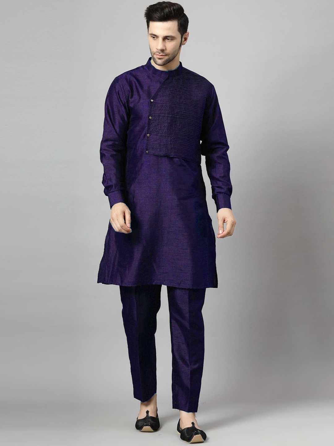 

Utsav Fashion Mandarin Collar Pleated Straight Kurta With Trousers, Purple