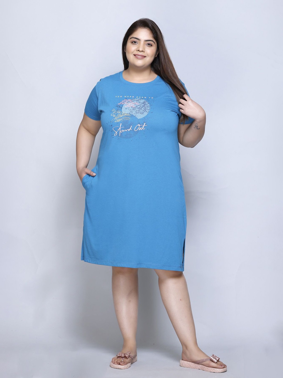 

IN Love Women Plus Size Printed T-shirt Nightdress, Blue
