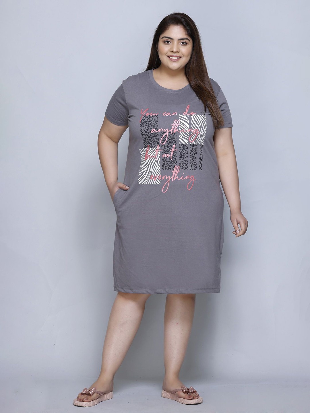 

IN Love Women Printed Round Neck Nightdress, Grey