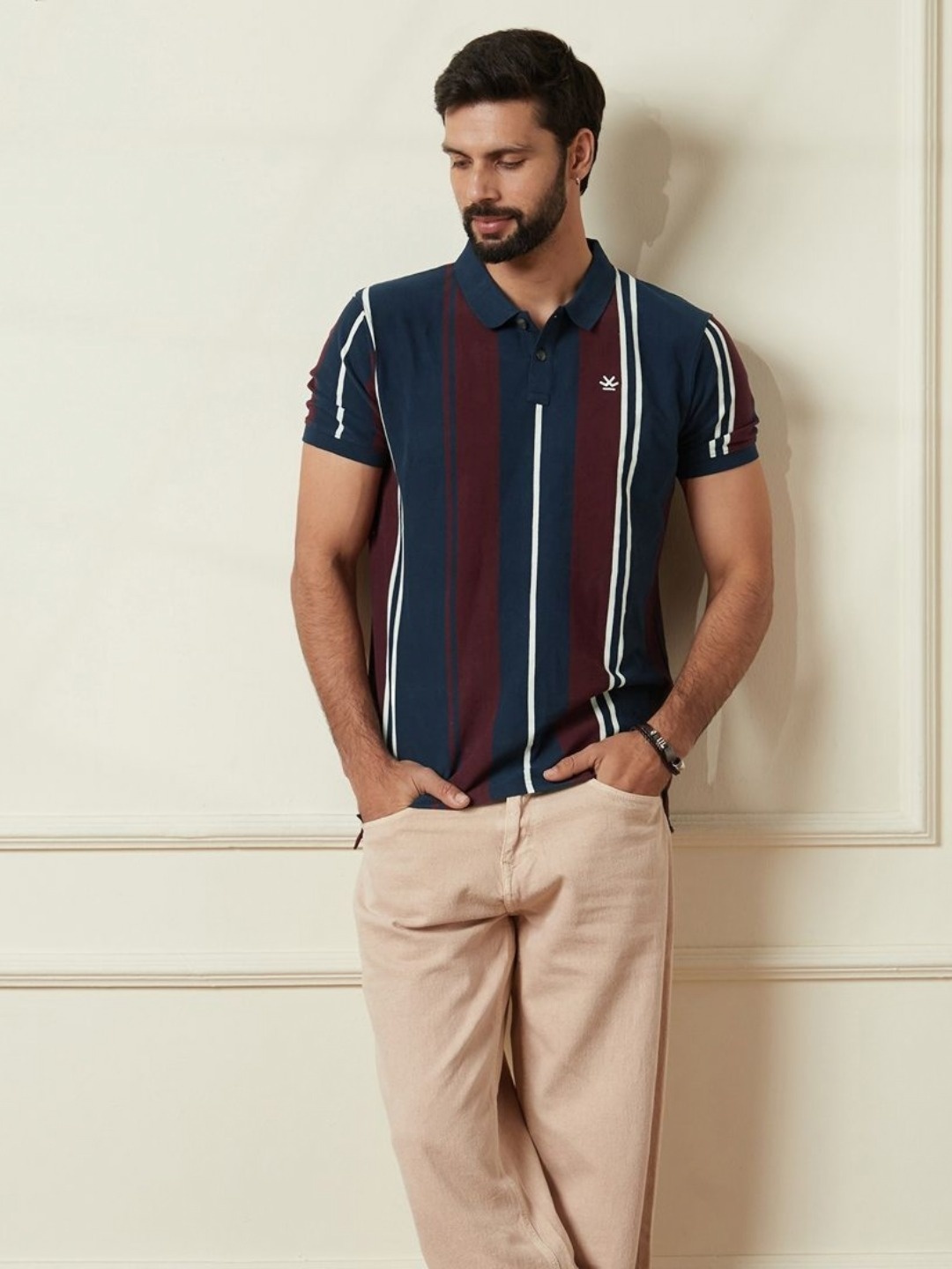 

WROGN Men Striped Polo Collar Cotton Slim Fit T-shirt, Navy blue
