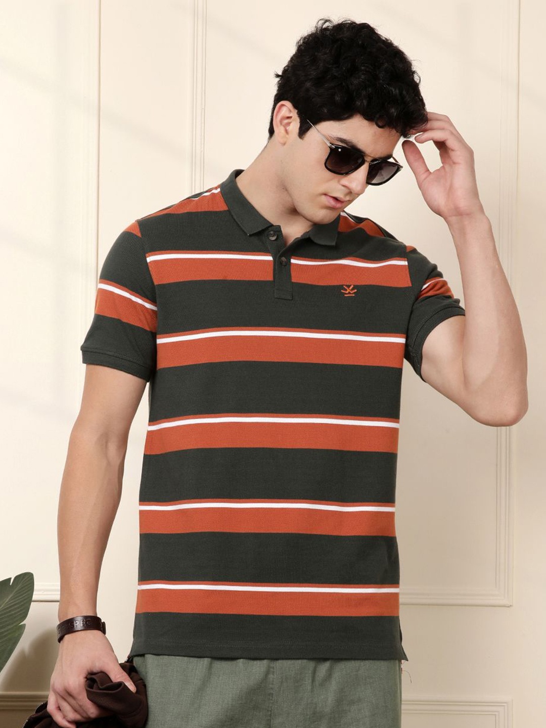 

WROGN Men Striped Polo Collar Cotton T-shirt, Rust