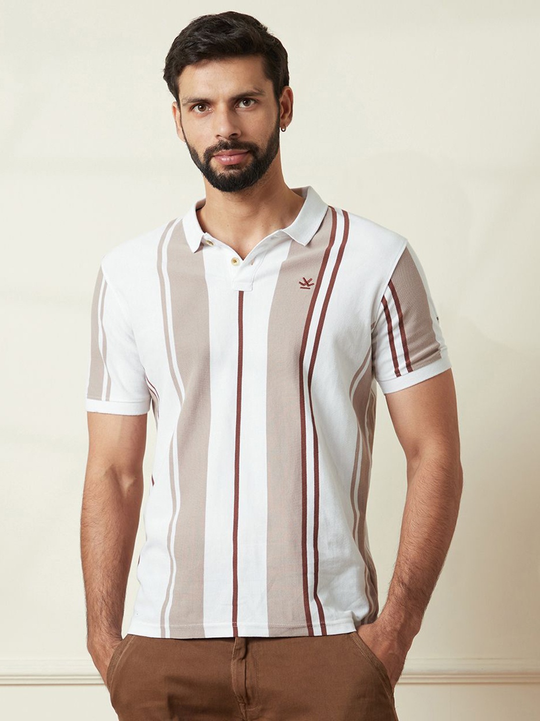 

WROGN Men Striped Polo Collar Cotton Slim Fit T-shirt, Off white