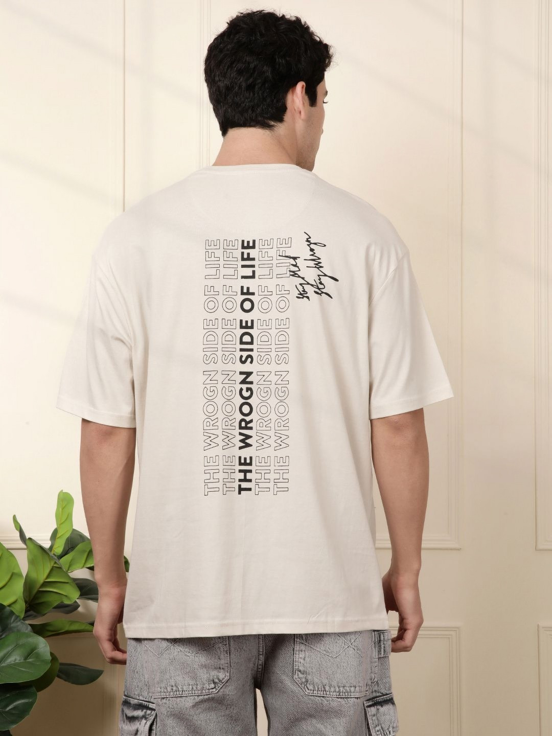 

WROGN Men Typography Printed Round Neck Cotton Relaxed Fit T-shirt, Beige