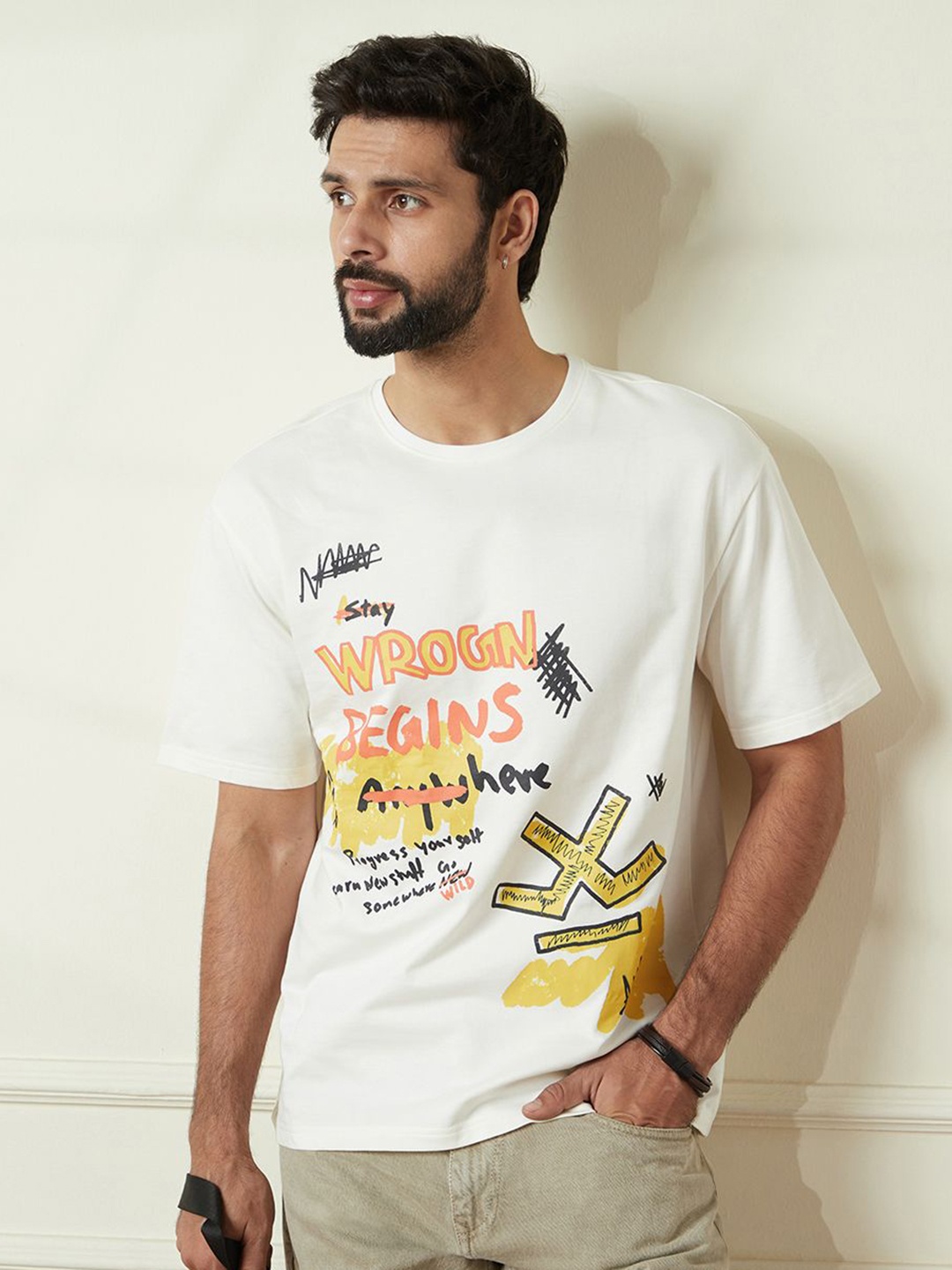 

WROGN Men Typography Printed Round Neck Cotton Relaxed Fit T-shirt, Off white