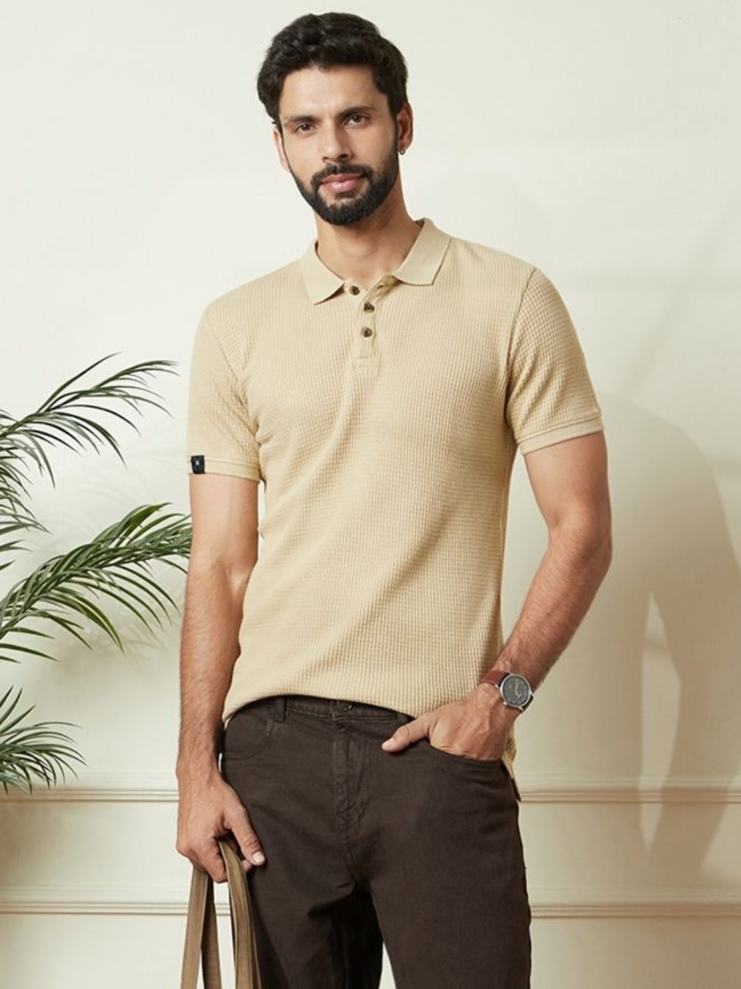 

WROGN Men Self Design Polo Collar Casual T-shirt, Beige