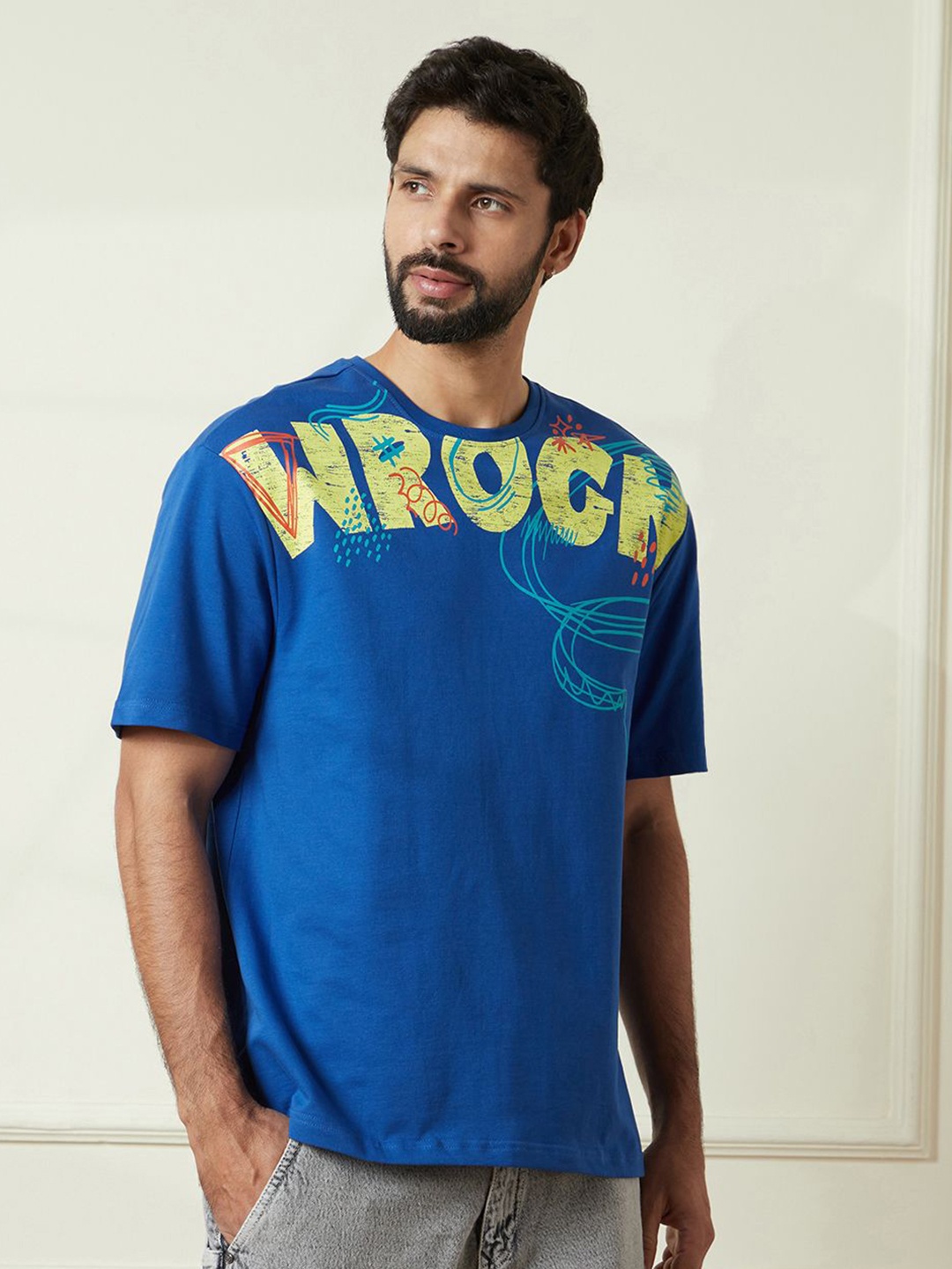 

WROGN Men Typography Printed Round Neck Cotton Relaxed Fit T-shirt, Blue