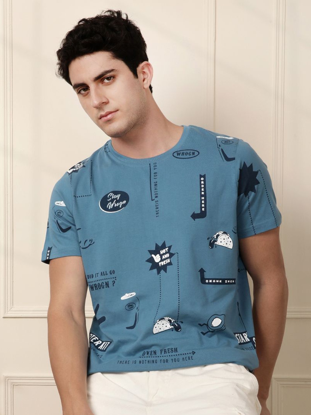 

WROGN Men Graphic Printed Round Neck Cotton T-shirt, Blue