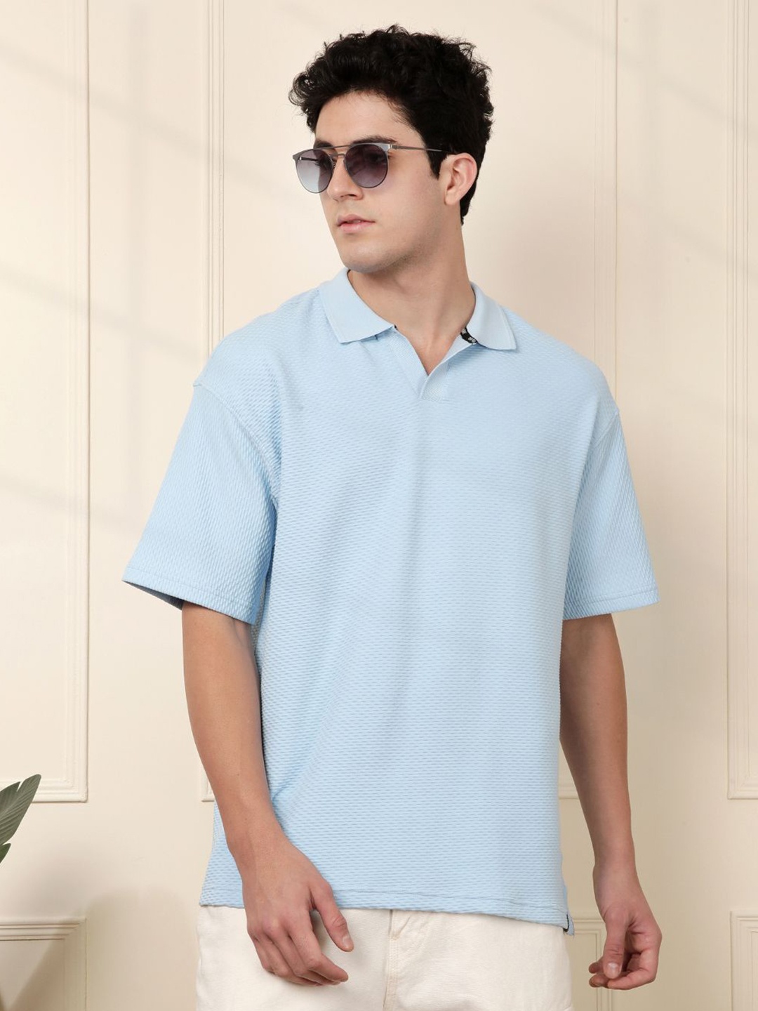 

WROGN Men Self Design Polo Collar Oversized Casual T-shirt, Blue