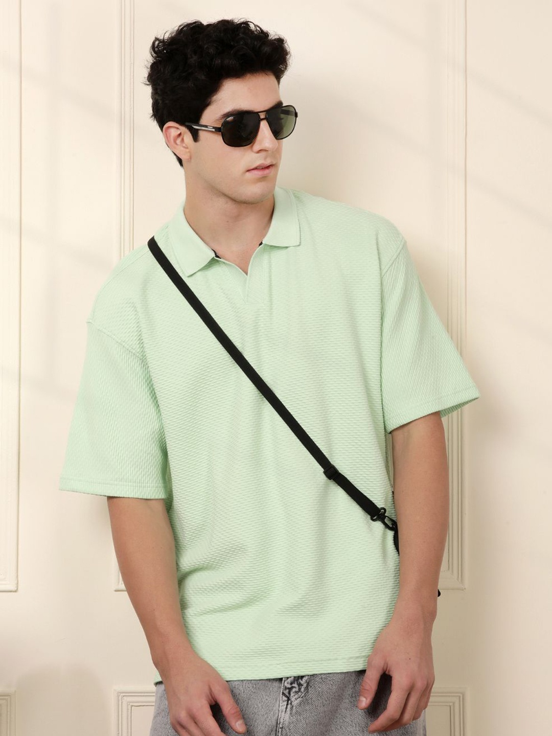 

WROGN Men Self Design Polo Collar Oversized Casual T-shirt, Sea green