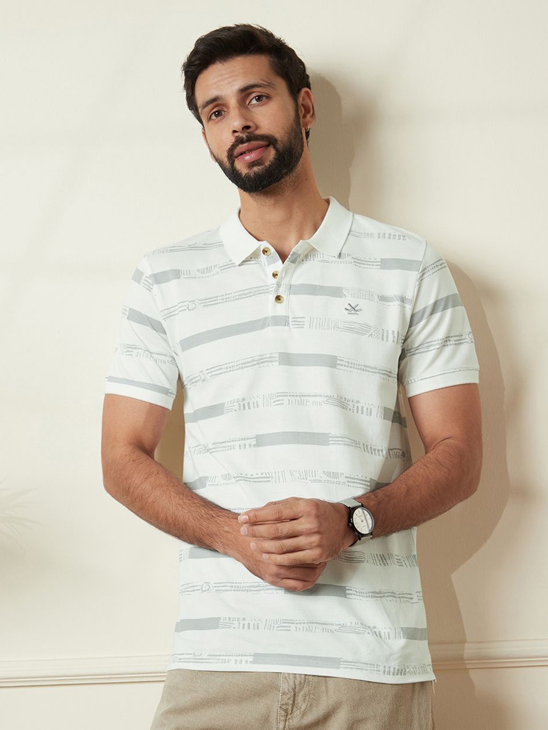 

WROGN Men Striped Polo Collar Cotton Slim Fit T-shirt, Off white