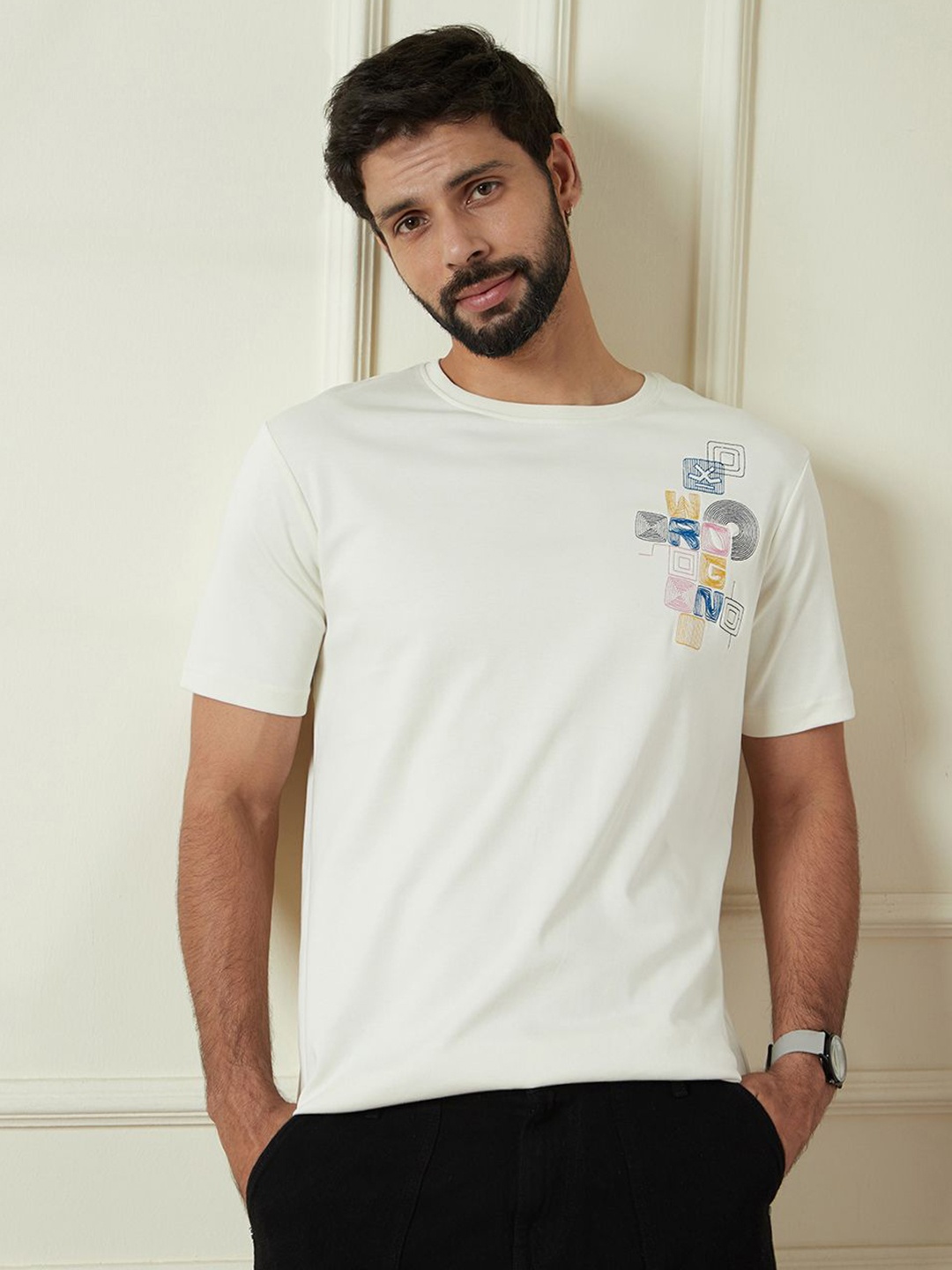 

WROGN Men Graphic Printed Round Neck Cotton T-shirt, Off white