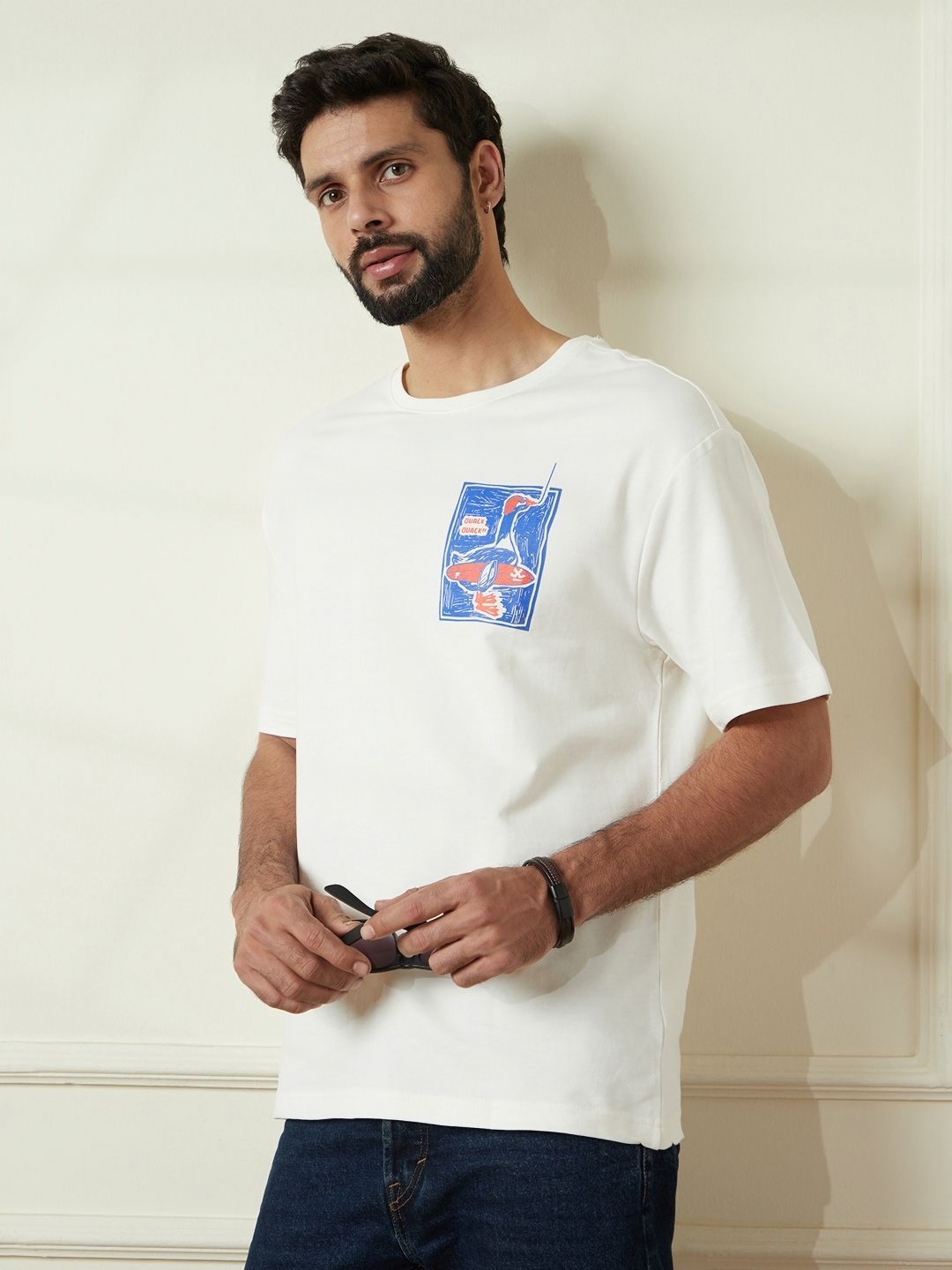 

WROGN Men Typography Printed Round Neck Cotton Relaxed Fit T-shirt, Off white
