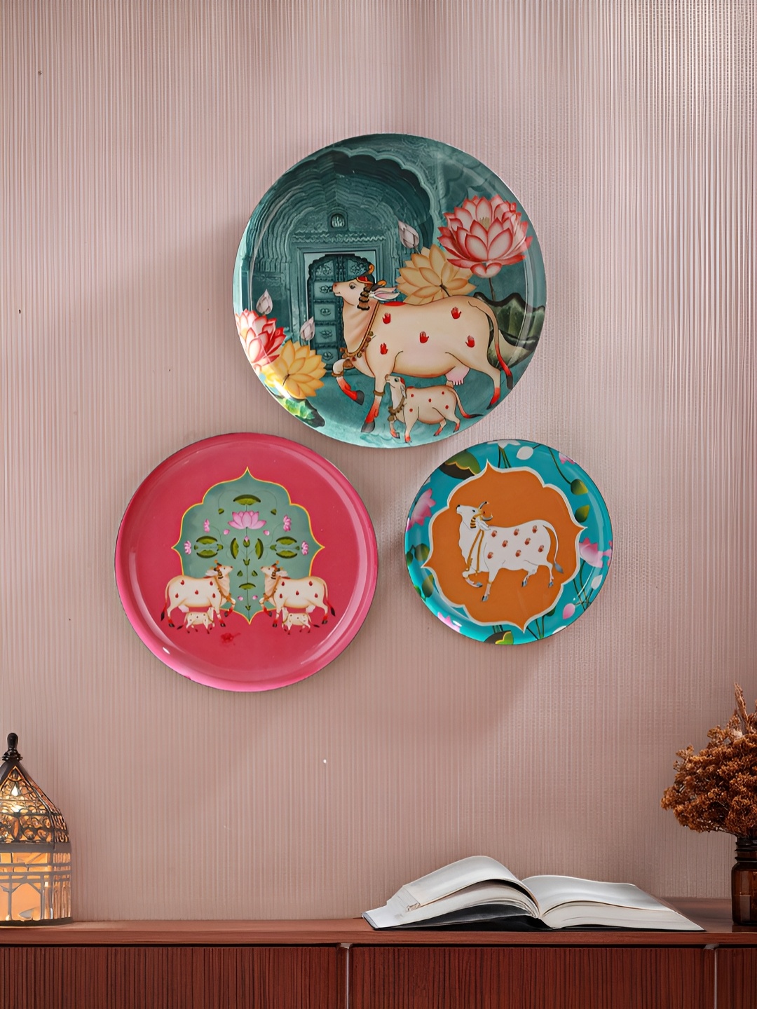 

Homspurts Graceful Pichwai Cow Blue & Red 3 Pieces Wall Decor