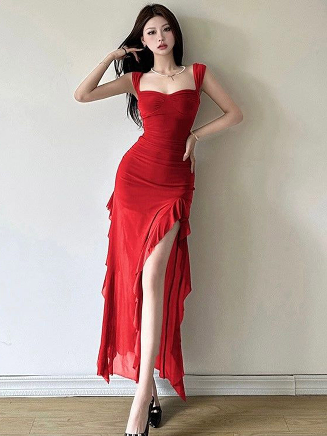 

Alamode By Akanksha Women Red Cougar Ruffled Bodycon Maxi Dress