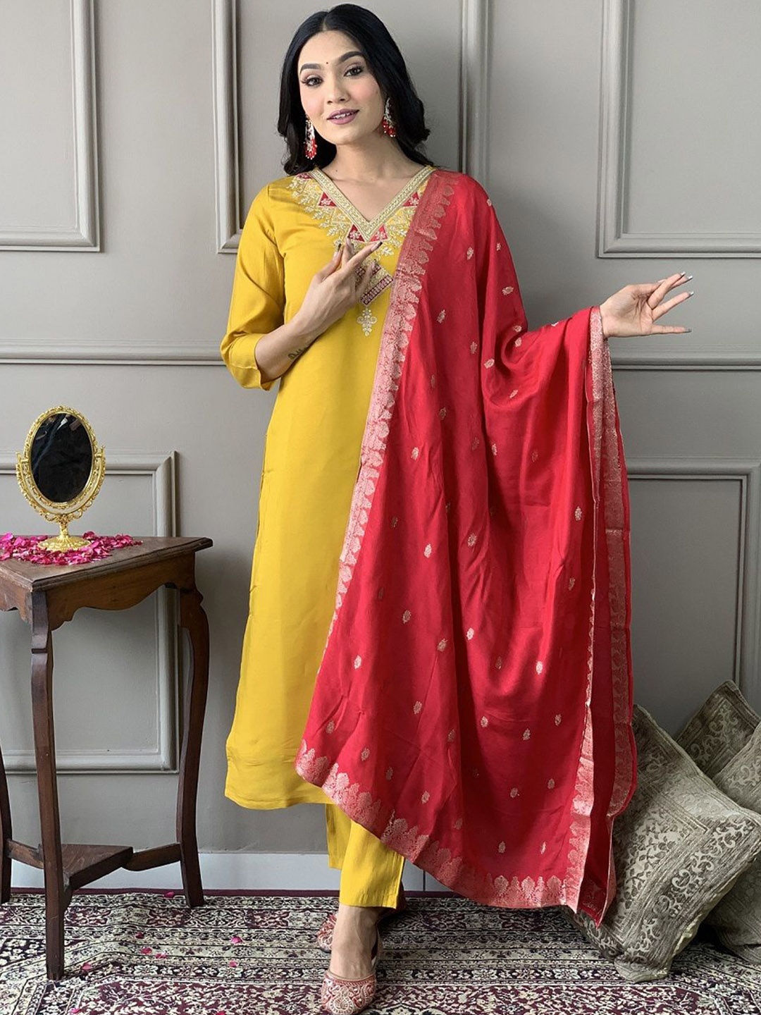 

SHOPONBIT Embroidered Yoke Design V-Neck Chanderi Cotton Kurta With Trousers & Dupatta, Mustard