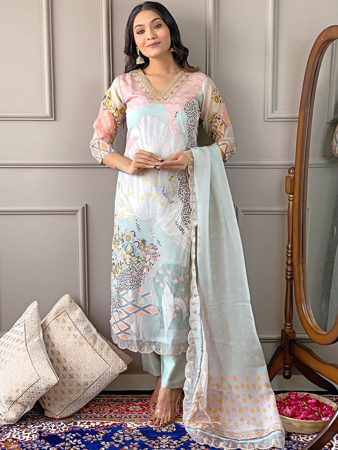 

SHOPONBIT Floral Printed V-Neck Organza Kurta With Trousers & Dupatta, Blue