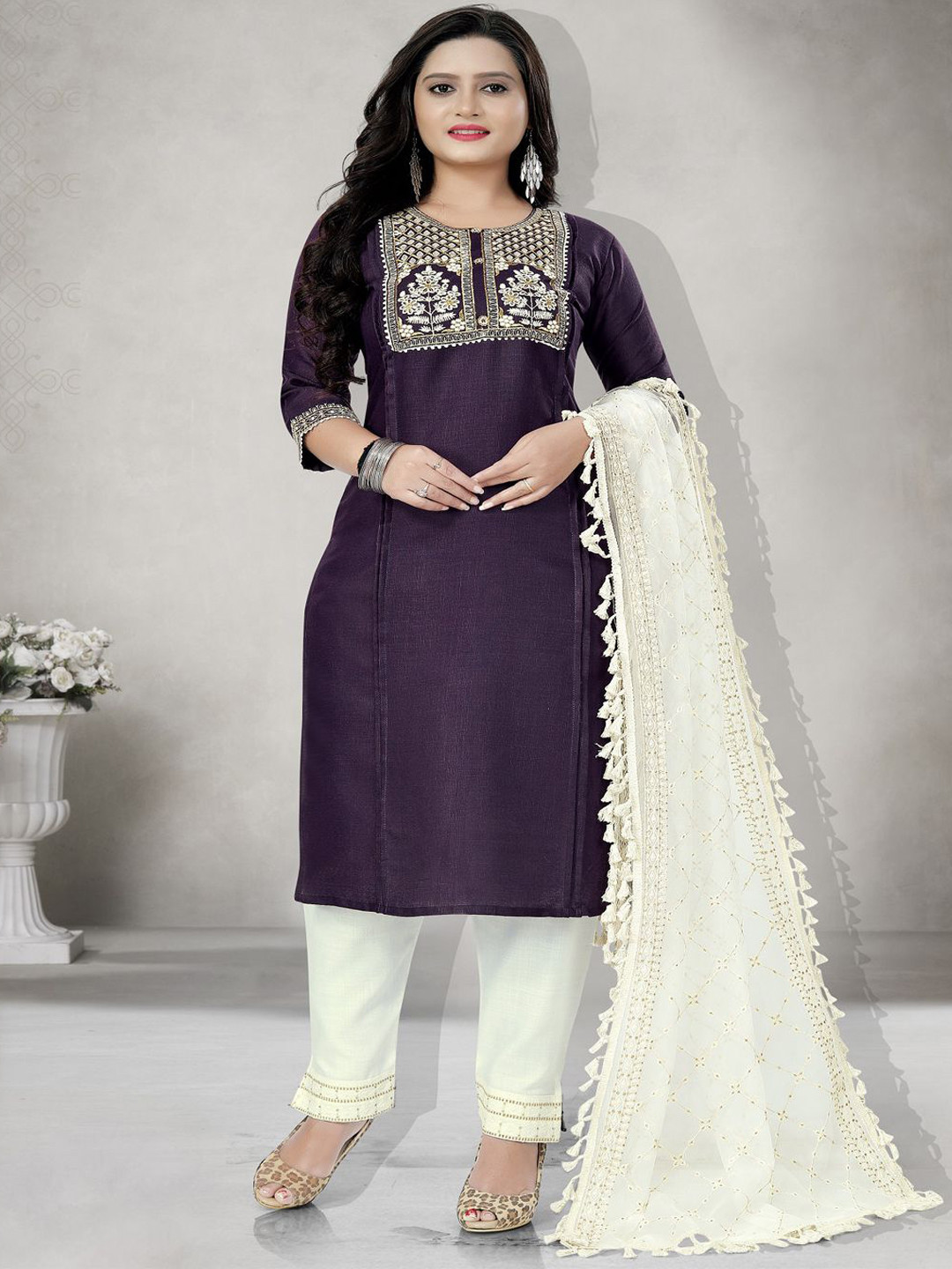 

Lerkiza Floral Embroidered Straight Thread Work Kurta With Trousers And Dupatta, Purple