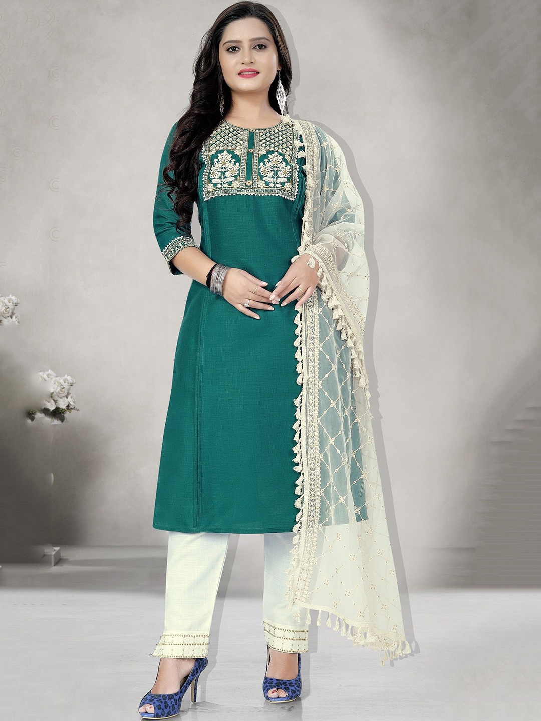 Lerkiza Floral Embroidered Straight Thread Work Kurta With Trousers And Dupatta, Green