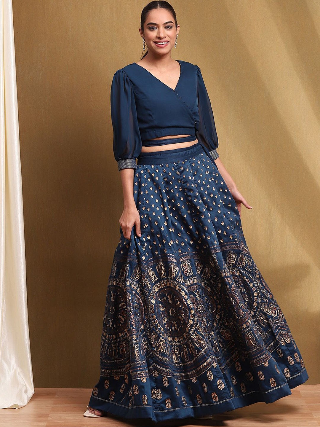 

Biba Ethnic Motifs Printed V-Neck Top With Printed Skirt, Blue