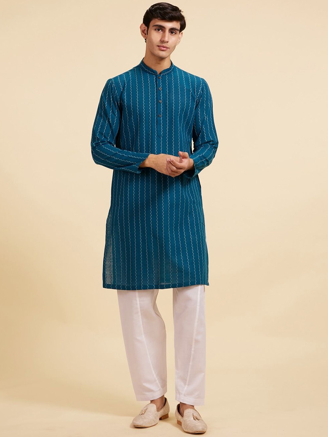 

Diwas by Manyavar Striped Printed Woven Design Cotton Mandarin Collar Straight Kurta, Blue